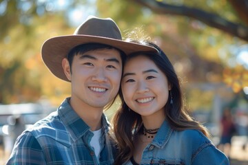 Wall Mural - Portrait of a cheerful asian couple in their 20s wearing a rugged cowboy hat over bright and cheerful park background