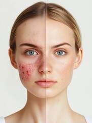 Poster - Split face comparison highlighting acne and redness on one side and smooth, glowing skin on the other side for skin treatment insights. Generative AI