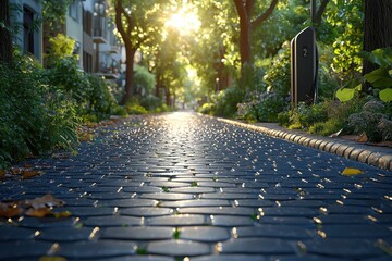 Sunlight filtering through trees on a peaceful cobblestone pathway in an urban park during late afternoon