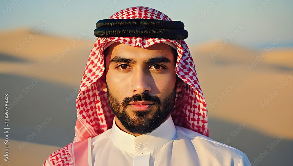 Portrait of a Middle Eastern man in traditional attire, standing in the ...