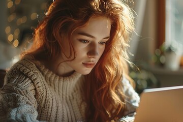 Wall Mural - woman participating in online group videoconference from home using laptop