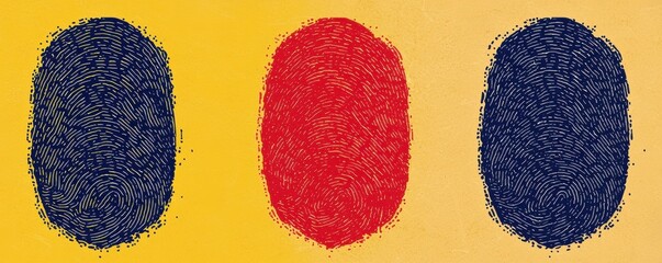 Fototapete - Three colorful ovals in red and blue against a bright yellow background, creating a vibrant abstract design.