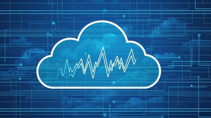 Fototapete - Cloud computing symbol with data patterns and waveforms, representing digital technology and connectivity.