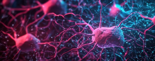 Fototapete - Vibrant illustration of interconnected neurons showcasing a colorful network of synapses and dendrites in a digital art style.