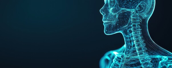 Poster - A digital representation of a human figure, showcasing a skeletal structure with a glowing blue outline against a dark background.