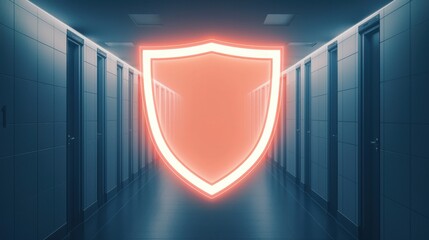 Aufkleber - A digital shield glows brightly in a corridor, symbolizing security and protection in a modern environment.