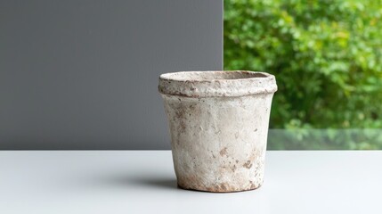 Canvas Print - Rustic white pot on table, green blur background, home decor