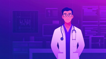 Aufkleber - A digital illustration of a confident male doctor in a lab coat, standing in a colorful medical environment with equipment in the background.