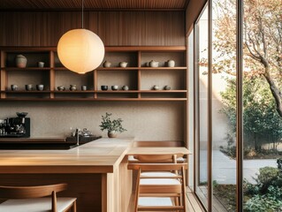 A kitchen with a wooden counter and a table with two chairs