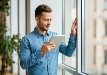 Young man using tablet by window indoors