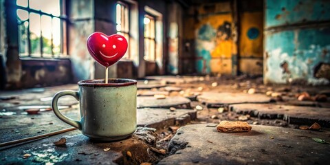 Wall Mural - Abandoned mug, heart lollipop, smiling face â€“ urban exploration's poignant trifecta.