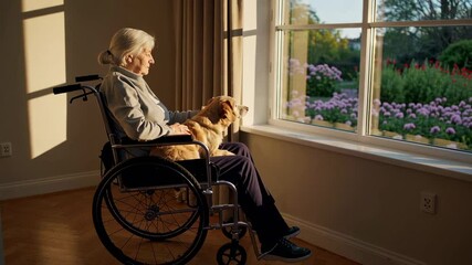 Aufkleber - Slow motion video showcasing an elderly woman sitting in a wheelchair, accompanied by her dog, gazing out the window at a beautiful garden during golden hour