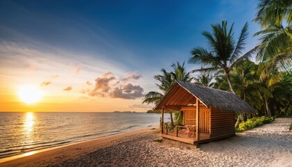 Wall Mural - Sunset over a serene beach hut surrounded by palm trees during summer twilight