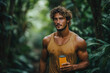 © Midea  - Man holding a beer can in the jungle, surrounded by lush green foliage, under a canopy of tall trees.