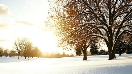 Wall Mural - Serene winter landscape with snow-covered ground and trees at sunset, evoking tranquility