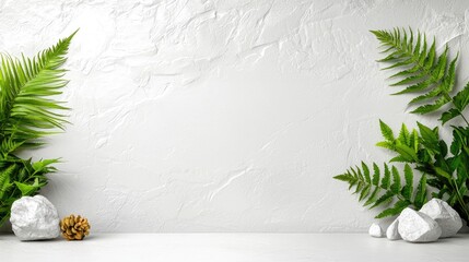 Wall Mural - White textured wall, ferns, rocks, pine cone, mockup