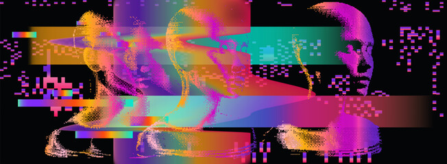 Aufkleber - Futuristic vector illustration of a pixelated human head in multiple exposures. A vibrant glitchy rainbow stripes creating a cyberpunk digital distortion effect.
