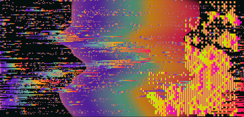Aufkleber - Digital vector illustration with a glitch effect features vibrant horizontal streaks of pink, yellow, and blue on a dark background. Pixelated distortions create a futuristic, abstract aesthetic.