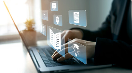 Wall Mural - digital internet lessons and online webinar on virtual screen.e-learning education.education interne