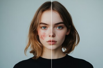 Poster - Comparison of skin conditions highlighting acne and redness versus clear and glowing complexion with space for text. Generative AI