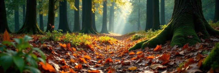 Wall Mural - pine forest floor covered in fallen leaves and pine needles, forest floor, yogyakarta