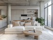 © Bouchra - A living room with a white couch and a coffee table