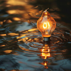 Wall Mural - glowing lightbulb submerged in water creates beautiful ripples and reflections. warm light contrasts with cool water, evoking serene atmosphere