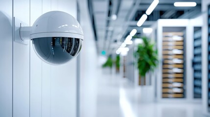 Wall Mural - Modern Security Camera in Bright Office Hallway with Greenery