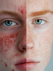 Poster - Comparison of skin conditions showing acne and redness on one side and smooth, healthy skin on the other for skincare awareness. Generative AI