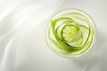 Wall Mural - Glass of virgin cucumber gimlet with lime and cucumber garnish, minimalist style, green and clear colors, refreshing summer drink