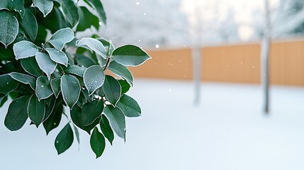 Wall Mural - Snow-covered leaves glistening in a winter landscape with a blurred wooden fence in the background