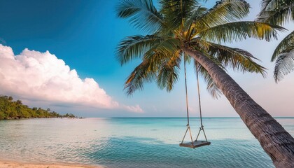 Wall Mural - relaxing on a tranquil swing under palm trees by the serene turquoise water