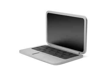 simple 3d cartoon silver opened laptop with black keyboard on white backdrop. design element for con