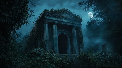 Dark and Enigmatic Tomb Surrounded by Lush Foliage