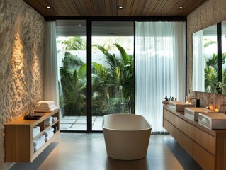 Wall Mural - A bathroom with a large bathtub and a window