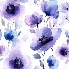 Wall Mural - Graceful seamless pattern with watercolor-style, hand-drawn purple blossoms. Stock illustration