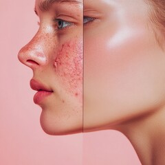 Poster - Side by side skin comparison showing acne and redness alongside smooth glowing complexion for skincare insights. Generative AI