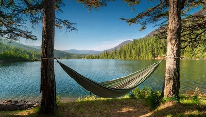 Wall Mural - relaxing summer days by the serene lake with a cozy hammock