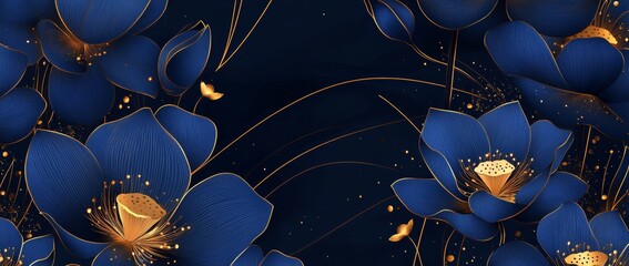 A modern blue oriental banner featuring a seamless pattern of golden Asian flowers. The artwork showcases ornate plants, luxurious leaves, and lotuses against a line gold floral background