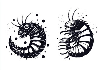 A simple vector icon of a centipede in black and white line art