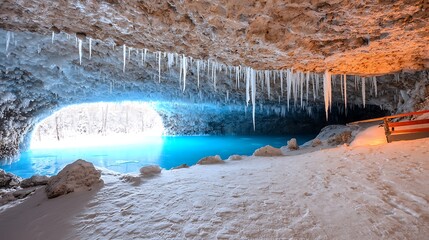 Wall Mural - Stunning ice cave with icicles hanging from the ceiling and a bright blue lake in winter