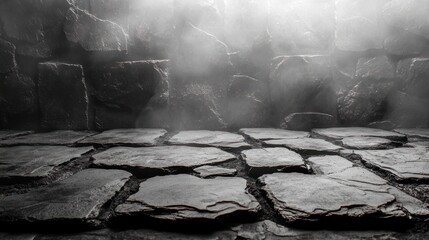 Canvas Print - Mystical stone floor, smoky backdrop, cellar setting