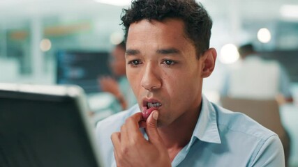 Leinwandbilder - Businessman, software developer and thinking with tablet for UI design, problem solving or troublshooting app at office. Man, designer or programmer with technology for UX, web or AI development
