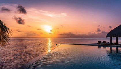 Sticker - Vibrant summer sunset over tranquil ocean pool at tropical paradise