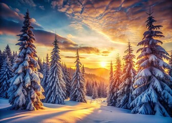 Wall Mural - Magical Winter Sunset: Icy Fir Trees in a Snowy Wonderland - Perfect for Holiday Travel