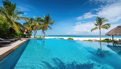 Wall Mural - Vibrant summer oasis with sparkling pool and stunning ocean view at a tropical resort retreat