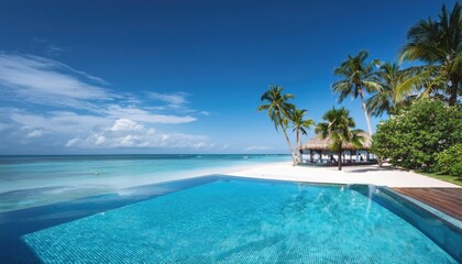 Wall Mural - vibrant summer oasis with clear waters and palm trees by the beach