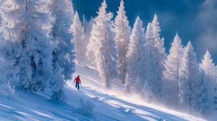 Poster - A skier wearing a bright jacket moves gracefully through a snow covered forest, surrounded by tall, frosty trees under a clear blue sky, capturing the essence of winter sports.