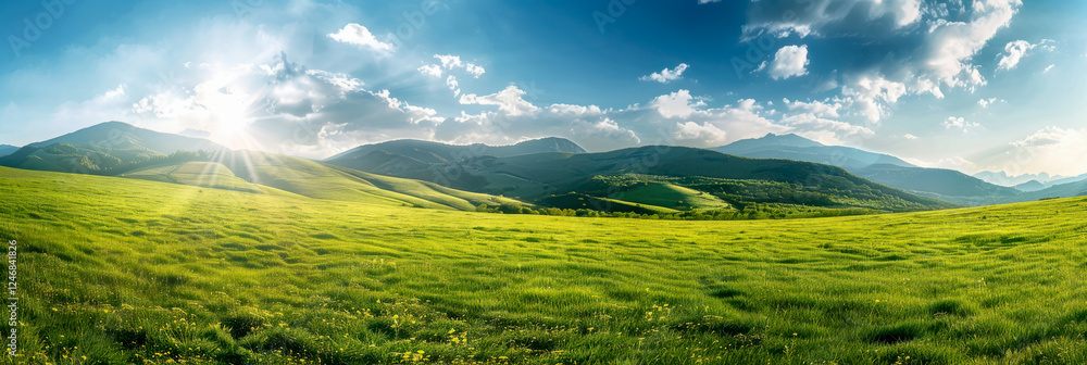 Spring green meadow with wild flowers, glass field with flowers in ...
