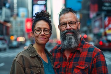 Wall Mural - Portrait of a satisfied multicultural couple in their 40s dressed in a relaxed flannel shirt in bustling city street background